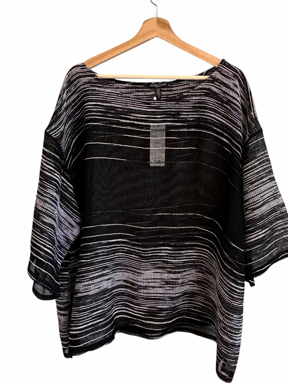 Eileen Fisher Oversized Linen Blend Illusion Mesh Top Size 3X Minimalist Artsy
